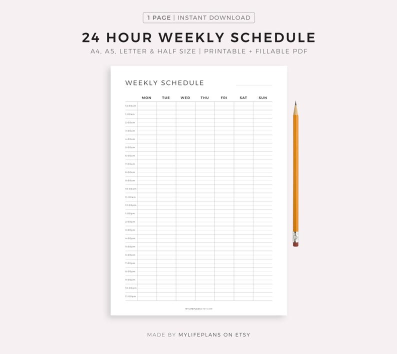 24 Hour Weekly Schedule, Week At a Glance, Weekly Agenda, Weekly Planner Printable PDF, Weekly To Do List, A5/A4/Letter/Half Letter image 1