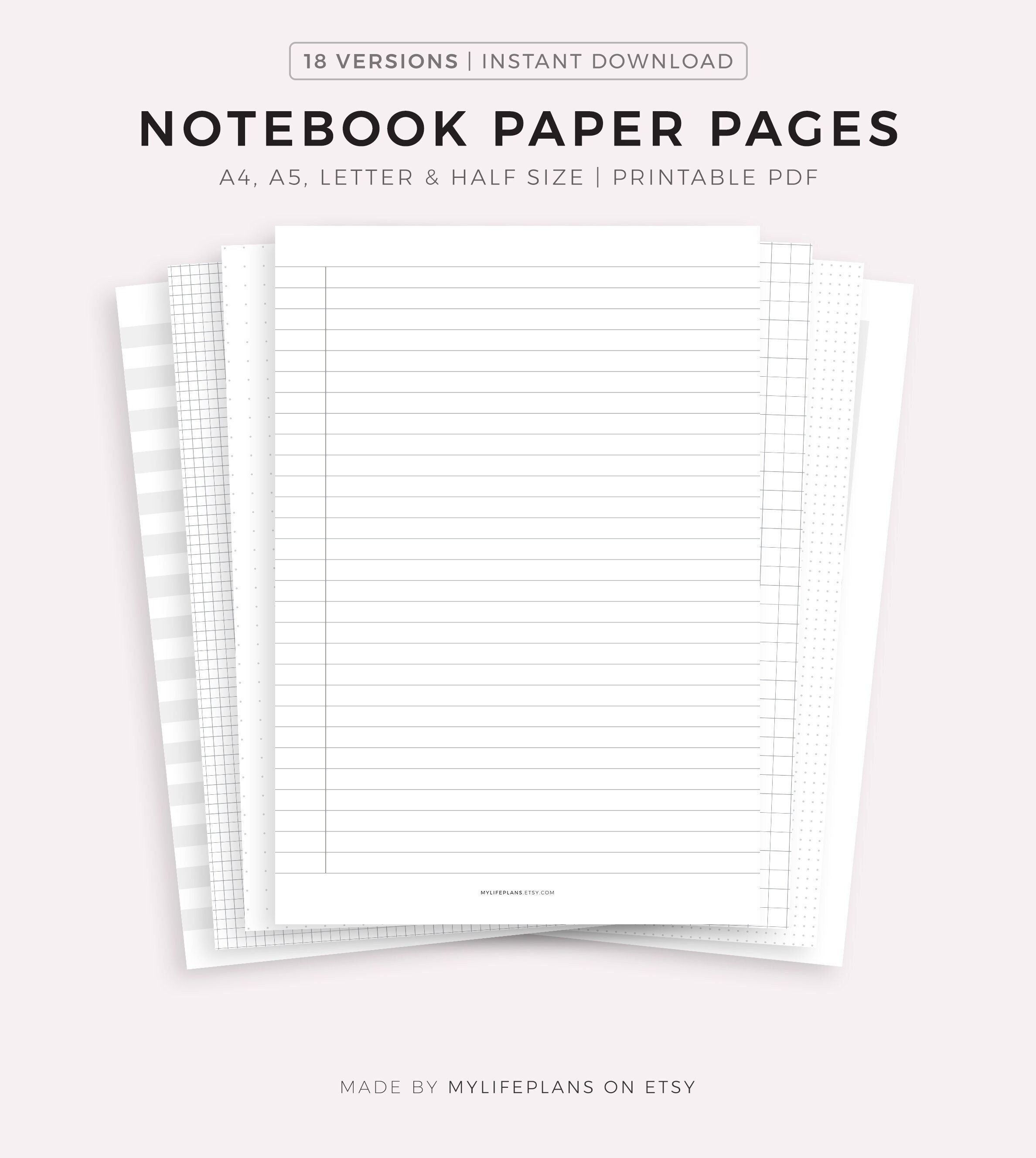 Notebook Paper Pages Printable A4 a5 letter half Size Instant Download PDF Etsy