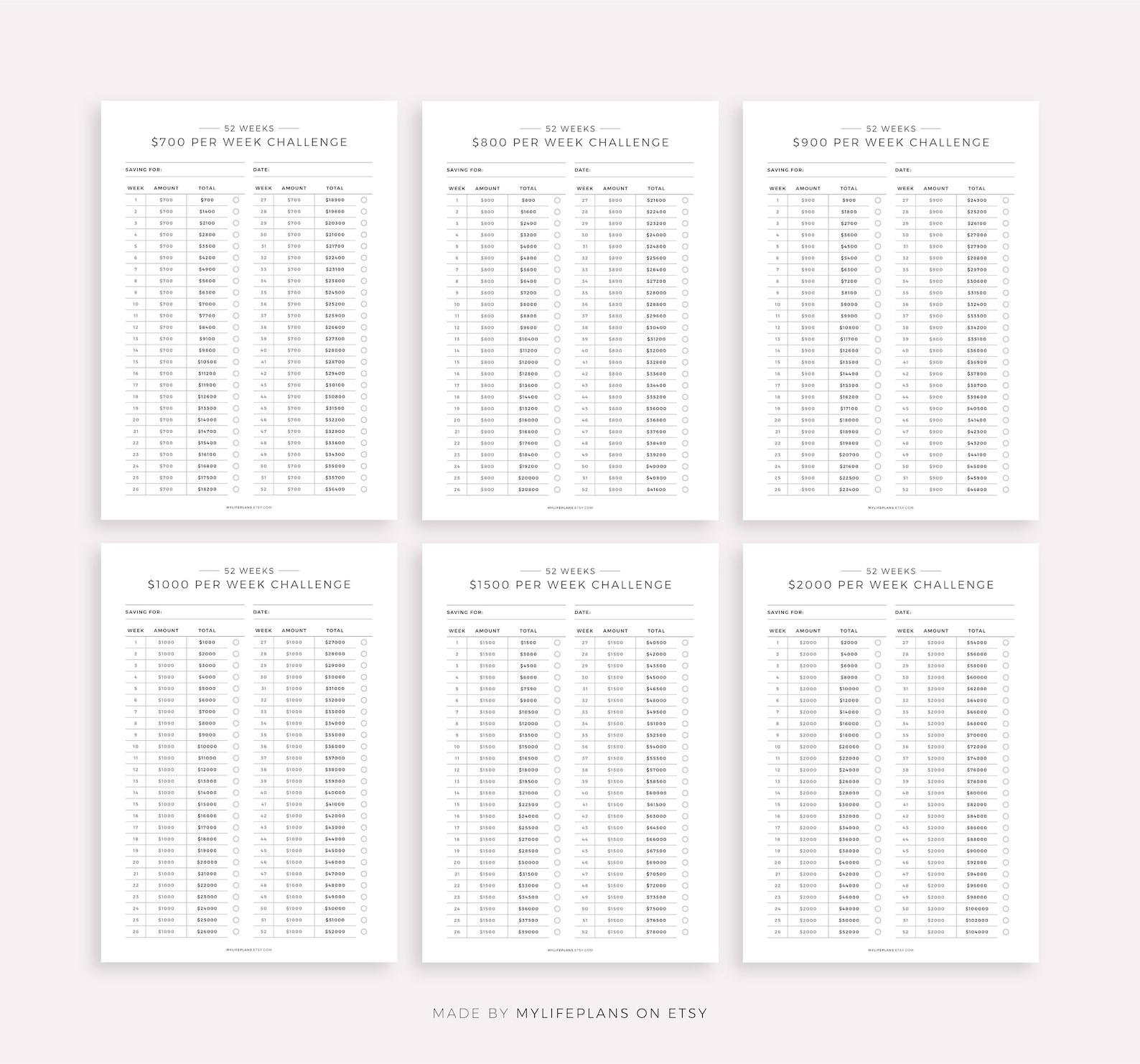 52 Week Saving Challenges Printable Fillable PDF Savings Trackers