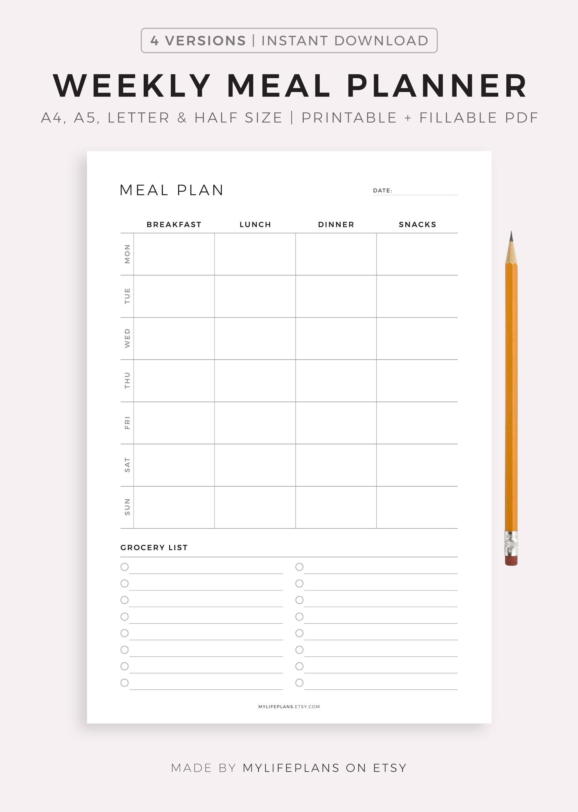 Printable Weekly Meal Planner, 7 Day Menu Planner, Meal Prep Planner, Food Planner, A4/A5/Letter/Half Size