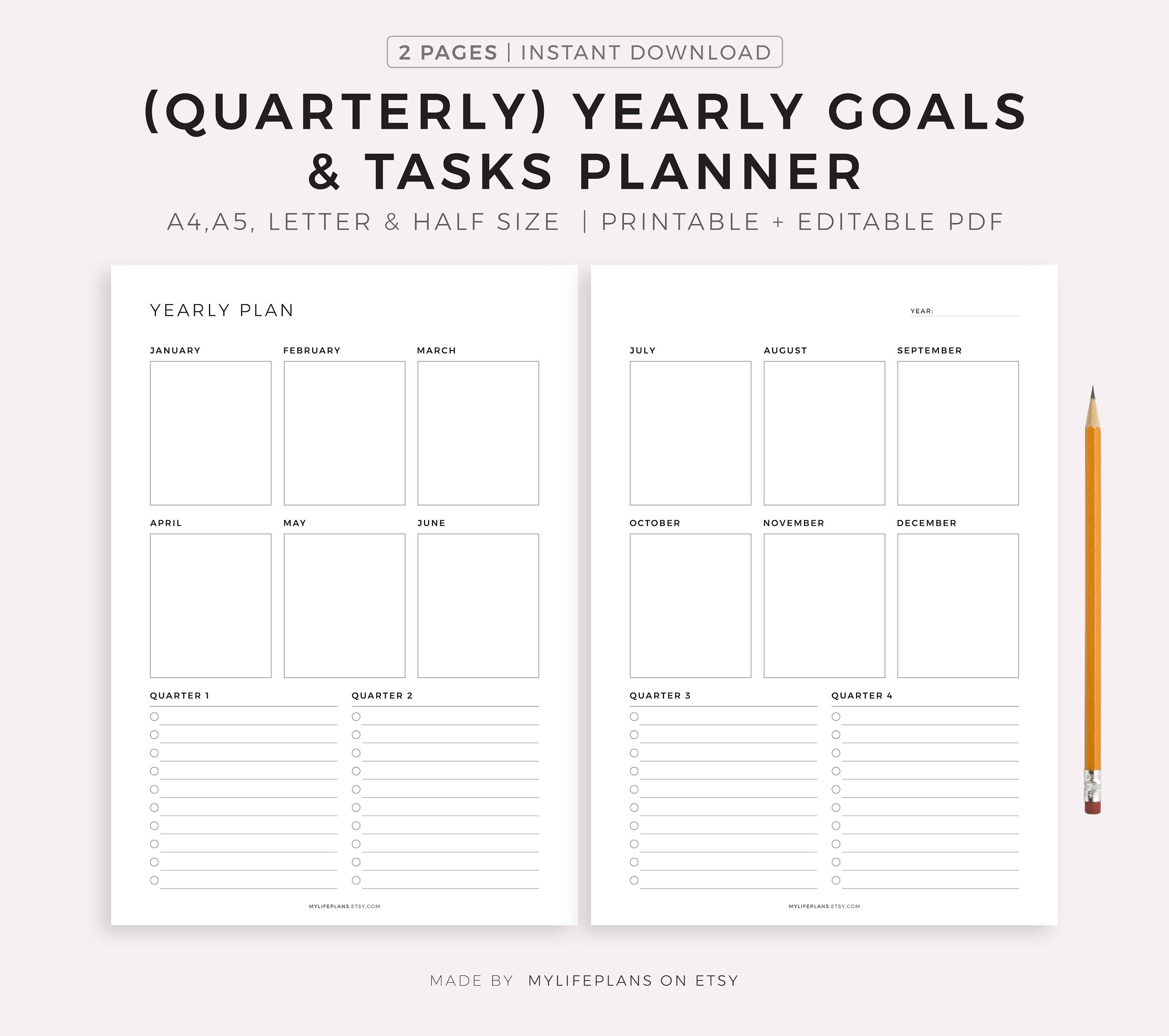 Quarterly Yearly Planner Printable Yearly Goals &amp; Tasks | Etsy