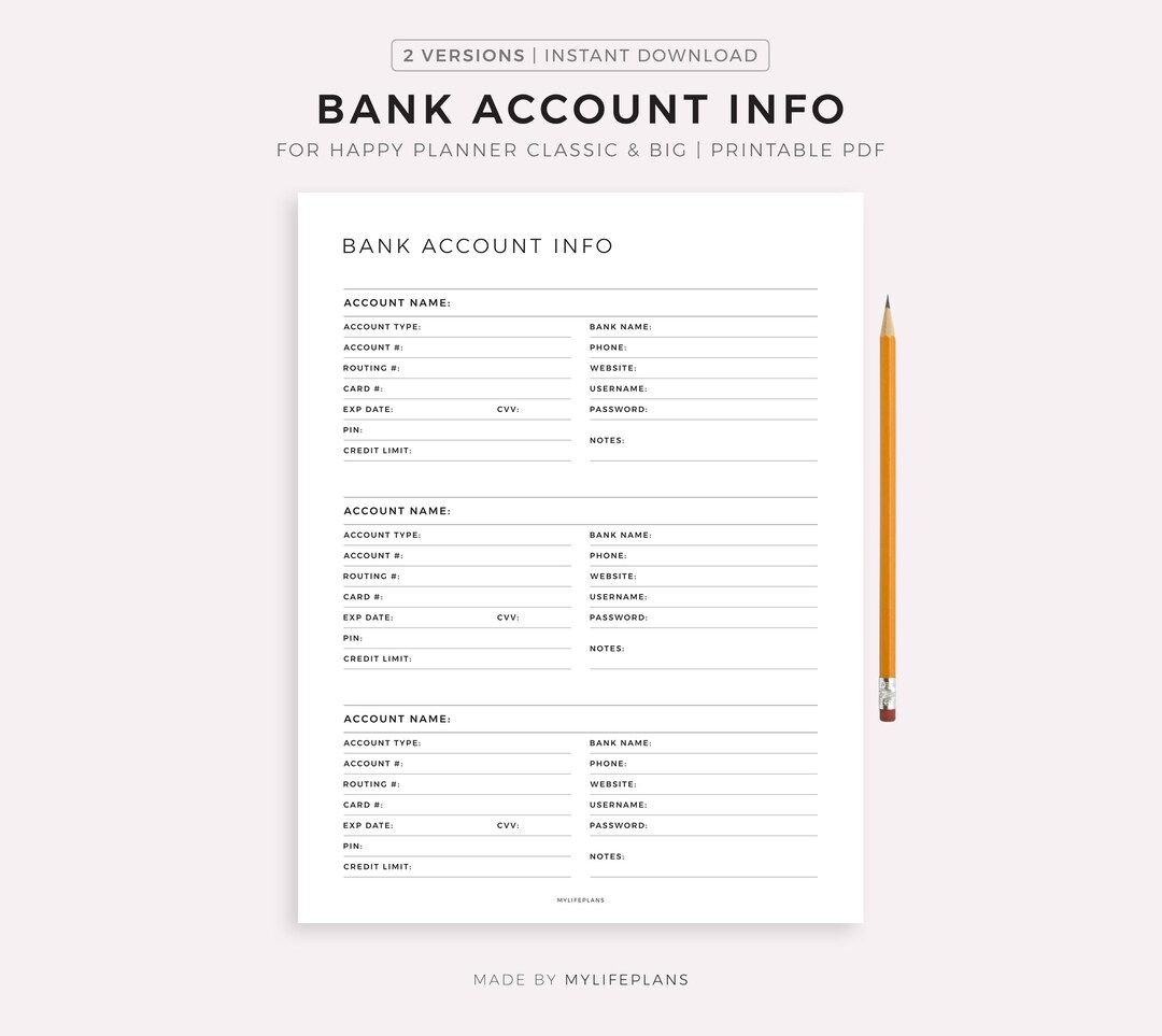 Bank Account Information Tracker, Printable Template for Happy Planner ...