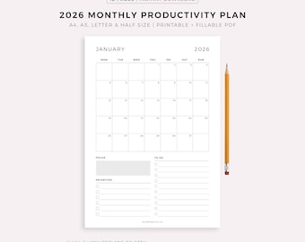 2026 Monthly Planner, Monthly Schedule, Monthly Organizer, Month at a Glance, Printable & Fillable, A4/A5/Letter/Half