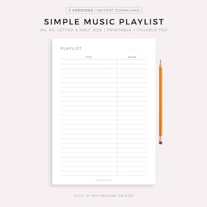 シンプルな音楽プレイリストを印刷可能 - お気に入りの曲、フィットネスソング、ハッピーで悲しいチルソング、仕事の曲、結婚式の曲など。A4/A5/レター/ハーフ