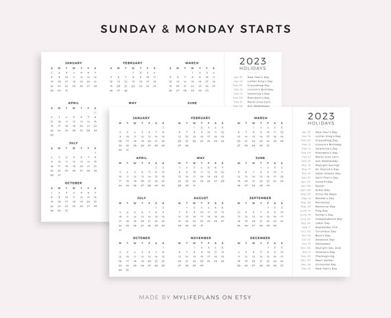 2023 year calendar with holidays on one page printable etsy