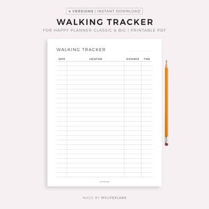 May include: A white printable walking tracker sheet with the title "WALKING TRACKER" and columns for date, location, distance, and time. A yellow pencil rests on the right side of the sheet. The text "FOR HAPPY PLANNER CLASSIC & BIG | PRINTABLE PDF" is also visible.