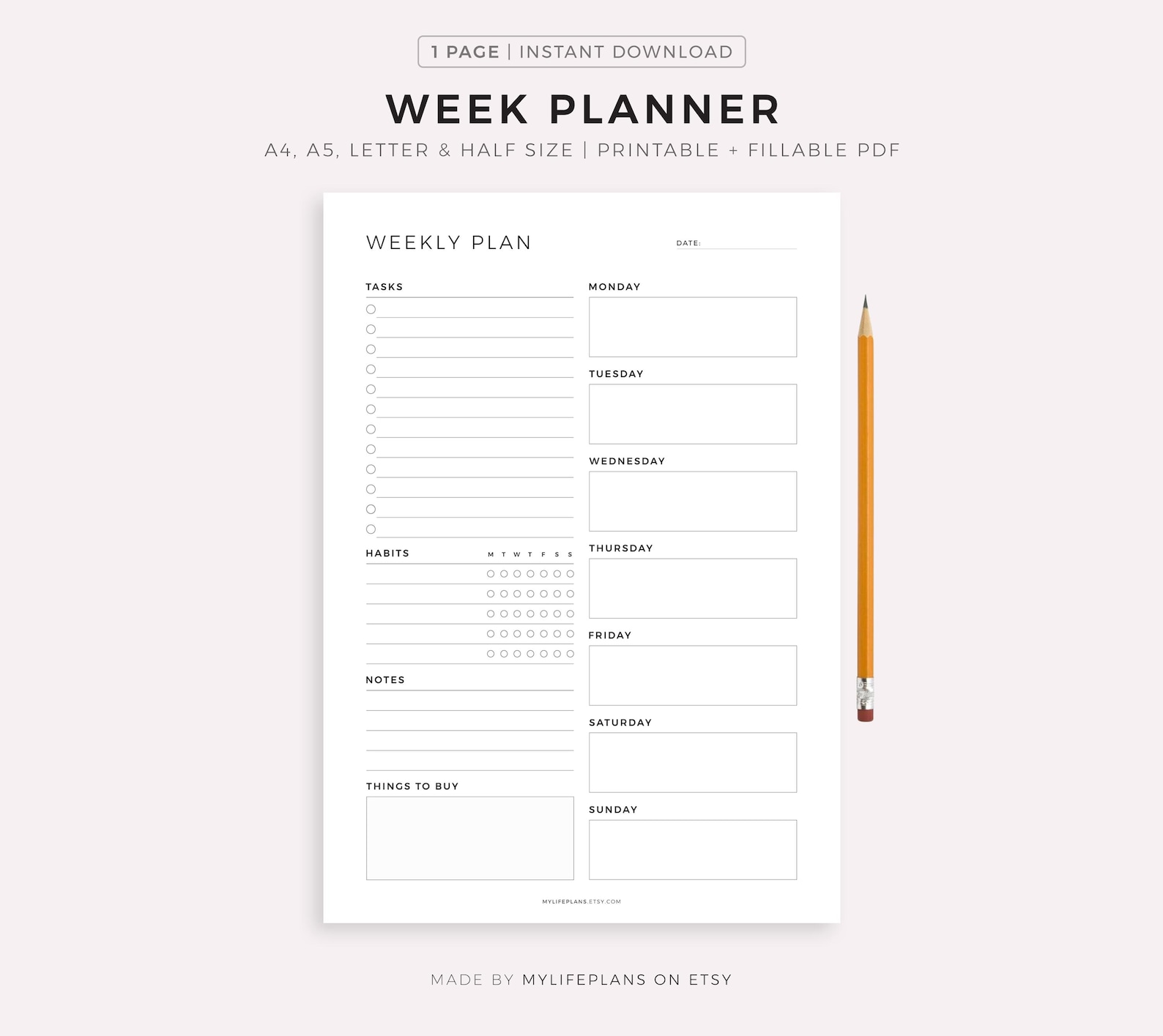 Printable Week Planner PDF, Weekly to Do List, Weekly Habit Tracker ...