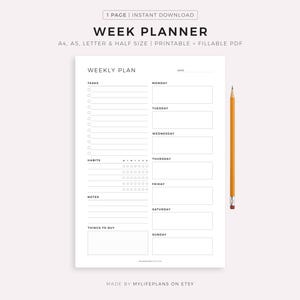 Printable Week Planner PDF, Weekly To Do List, Weekly Habit Tracker, Weekly Organizer & Agenda, Instant Download, A4/A5/Letter/Half Letter image 1