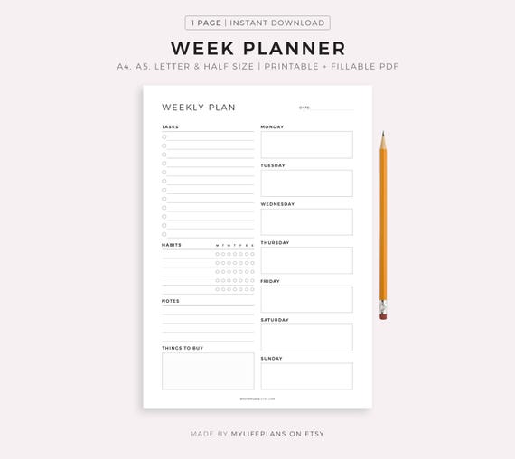 Printable Week Planner PDF, Weekly To Do List, Weekly Habit Tracker, Weekly Organizer & Agenda, Instant Download, A4/A5/Letter/Half Letter