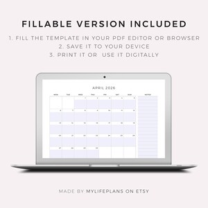 K&ouml;nnte beinhalten: Ein Laptop-Bildschirm mit einem Kalender f&uuml;r April 2026. Der Kalender hat ein Rasterlayout mit Platz f&uuml;r Notizen. Der Text oben lautet "FILLABLE VERSION INCLUDED" mit Anweisungen. Unten steht "MADE BY MYLIFEPLANS ON ETSY."