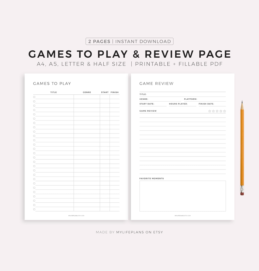 Video Games to Play & Review Page, A4/a5/letter/half Size, Instant ...