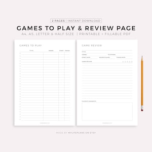Página de videojuegos para jugar y revisar, tamaño A4/A5/Carta/Media página, descarga instantánea en PDF