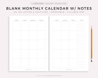 Blank Monthly Calendar with Notes, 2 Page Printable Calendar Template PDF, Minimalist, Monday/Sunday Start, A4/Letter, Instant Download