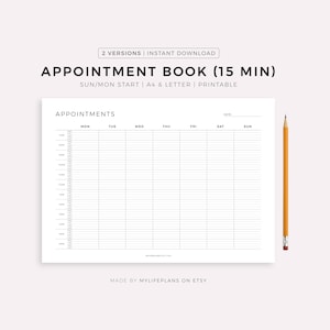 Agenda appuntamenti con intervalli di 15 minuti, orizzontale, promemoria appuntamenti, monitoraggio riunioni, panoramica della settimana, formato A4/A5/lettera/metà, download immediato