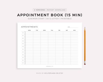Appointment Book 15 Minute Intervals Landscape, Appointment Reminder, Meeting Tracker, Week At a Glance, A4/A5/Letter/Half, Instant Download