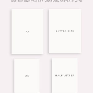 May include: Four white paper rectangles with text indicating different sizes: A4, Letter Size, A5, and Half Letter. The text "AVAILABLE IN 4 SIZES" is at the top of the image. The text "USE THE ONE YOU ARE MOST COMFORTABLE WITH" is below the text "AVAILABLE IN 4 SIZES". The text "MADE BY MYLIFEPLANS ON ETSY" is at the bottom of the image.