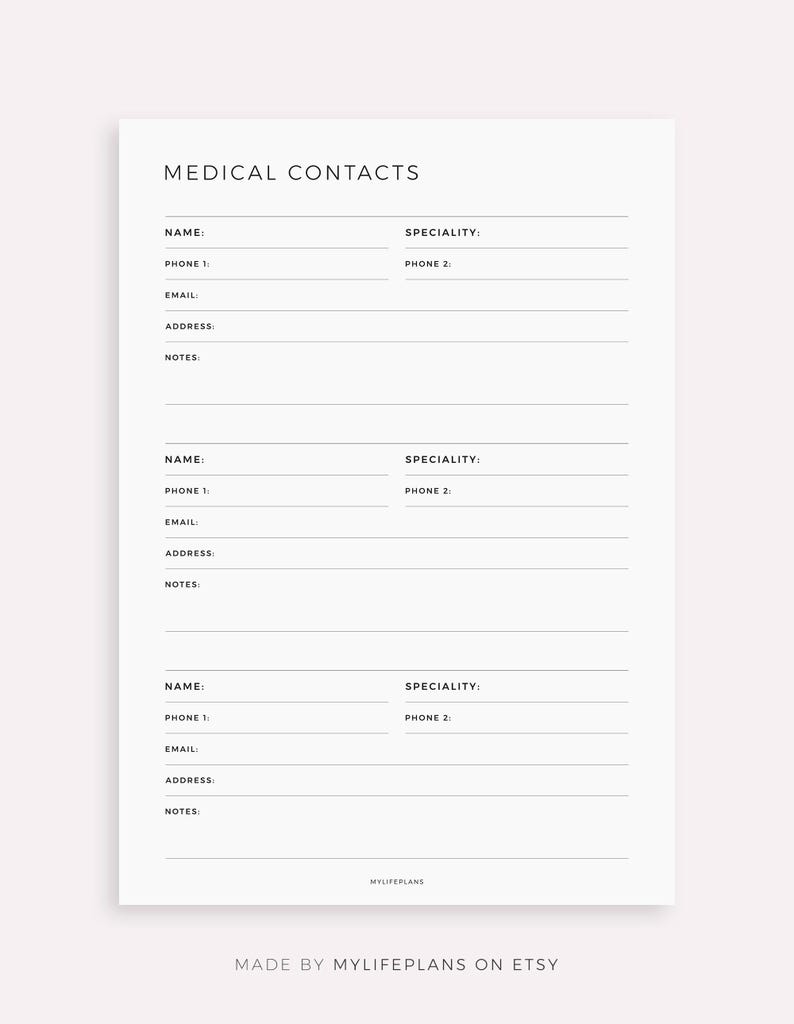 Medical Contacts List Template for Supernote A5X2/A5X/A5/A6X2/A6X/A6 ...