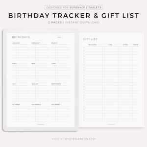 May include: A printable birthday tracker and gift list for Supernote tablets. The tracker is divided into months and the gift list has columns for recipient, item, store, and price.