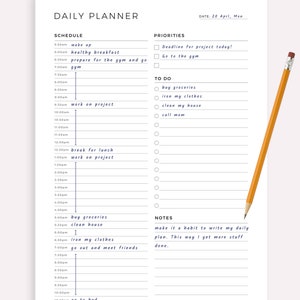May include: A printable daily planner with a black and white design. The planner includes sections for scheduling, priorities, to-do list, and notes. The date is 20 April, Monday.
