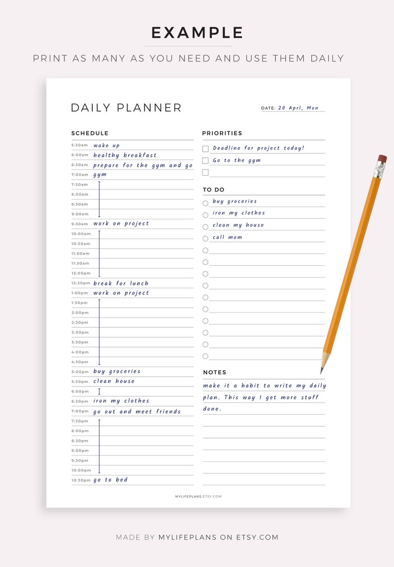 May include: A printable daily planner with a black and white design. The planner includes sections for scheduling, priorities, to-do list, and notes. The date is 20 April, Monday.