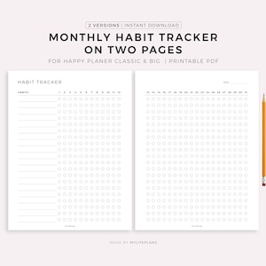 May include: A two-page printable habit tracker with the title "MONTHLY HABIT TRACKER ON TWO PAGES". The left page has a section for habits and the days 1-12. The right page has days 13-31. A yellow pencil is on the right.