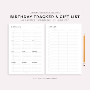 Geburtstagstracker & Geschenkeliste zum Ausdrucken, Geburtstagsplaner, Geburtstags- und Geschenkeerinnerung, A4/A5/Letter/halbe Größe, Instant Download PDF