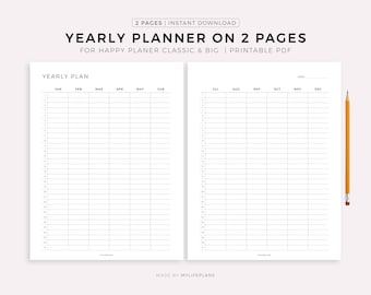 2 Page Yearly Planner for Happy Planner Classic & Big, Printable PDF, Instant Download