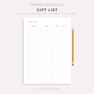Agenda simple pour liste de cadeaux, imprimable, idées cadeaux, suivi des cadeaux, liste de courses, A4/A5/Lettre/demi-format, imprimable et remplissable