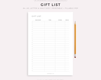 Simple Gift List Planner Printable, Gift Ideas, Gift Tracker, Gift Shopping List, A4/A5/Letter/Half Size, Printable & Fillable