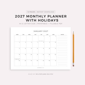 Könnte beinhalten: Ein druckbarer Monatsplaner 2027 mit Feiertagen. Das Design beinhaltet einen Kalender für Januar 2027 mit Platz für Notizen. Der Text auf dem Planer lautet "12 Seiten, Sofort-Download, A4 & Letter Größe, druckbares & ausfüllbares PDF". Ein Bleistift befindet sich rechts.