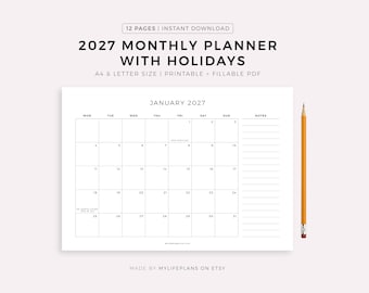 May include: A printable 2027 monthly planner with holidays. The design includes a calendar for January 2027, with space for notes. The text on the planner reads "12 pages, instant download, A4 & letter size, printable & fillable PDF". A pencil is on the right.