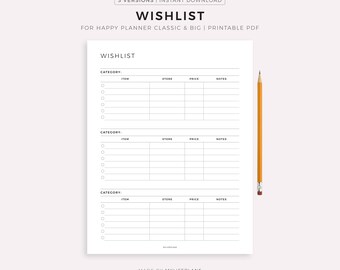 Wishlist Printable for Happy Planner Classic & Big, Instant Download PDF