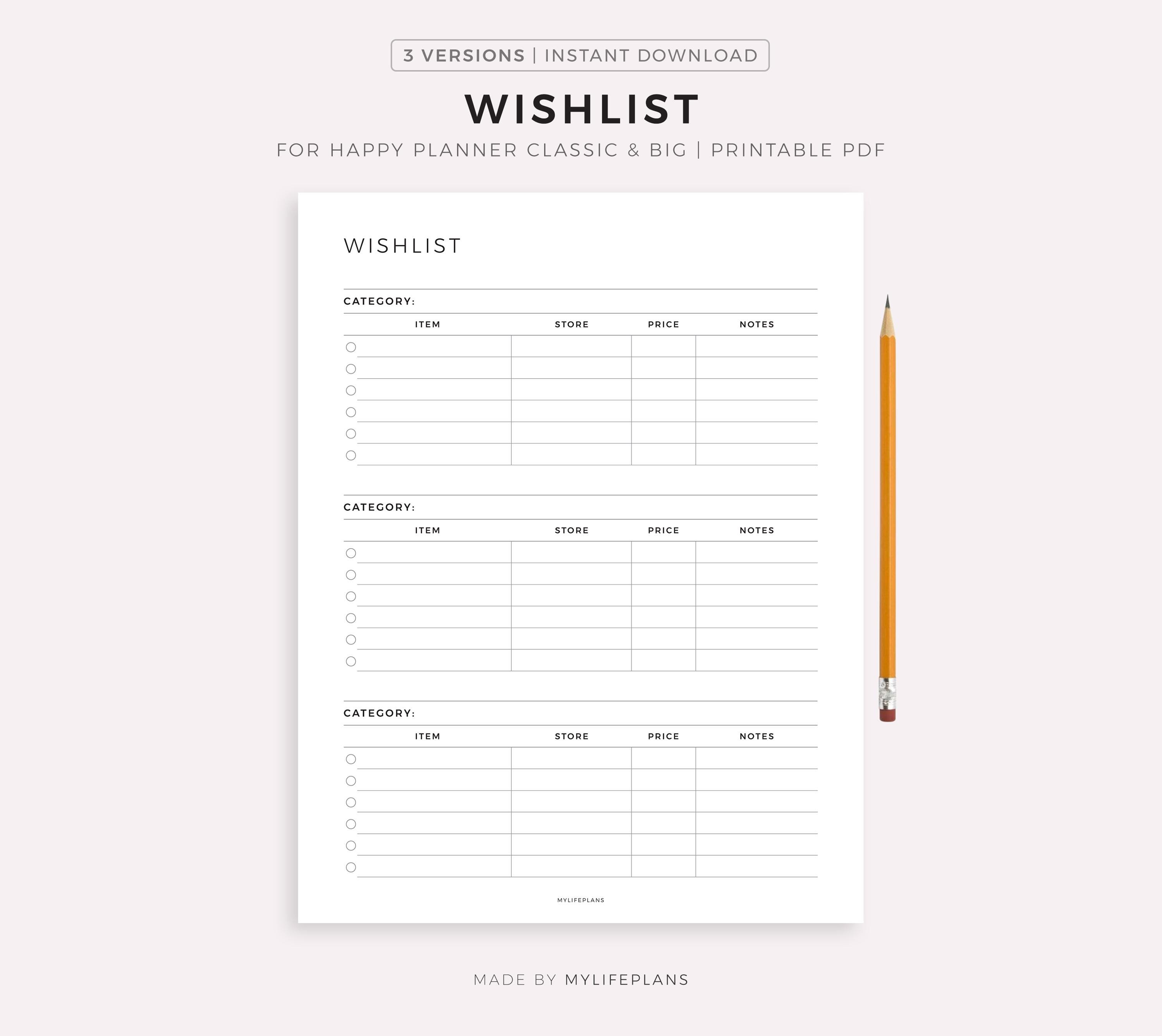 Wishlist Printable for Happy Planner Classic & Big, Instant Download ...