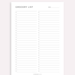 May include: A printable grocery list template with two columns of checkboxes and lines for writing. The title is "Grocery List" and the text "Date:" is at the top right corner. The text "MYLIFEPALNS.ETSY.COM" is at the bottom center. The text "MADE BY MYLIFEPALNS ON ETSY" is at the bottom center.