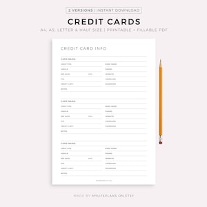 Credit Card Tracker Printable Template, Credit Card List, Credit Card Account Detail, A4/A5/Letter/Half Size, Instant Download PDF image 1