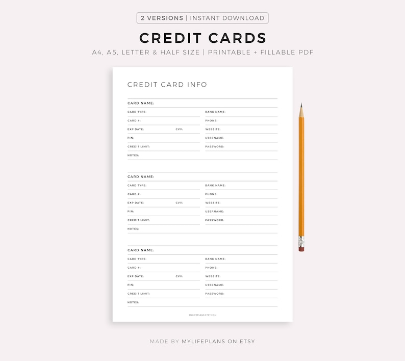 Credit Card Tracker Printable Template, Credit Card List, Credit Card Account Detail, A4/A5/Letter/Half Size, Instant Download PDF image 1