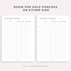 K&ouml;nnte beinhalten: Zwei druckbare Inventar-Tracking-Bl&auml;tter mit dem Text "INVENTORY TRACKER" oben. Die Bl&auml;tter sind in Spalten unterteilt, die mit "ITEM", "IN STOCK", "SOLD" und "NEED TO BUY" beschriftet sind. Der Text "ROOM FOR HOLE PUNCHES ON EITHER SIDE" befindet sich oben auf der Seite. Der Text "MADE BY MYLIFEPLANS ON ETSY" befindet sich unten auf der Seite.