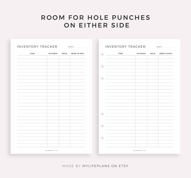 K&ouml;nnte beinhalten: Zwei druckbare Inventar-Tracking-Bl&auml;tter mit dem Text "INVENTORY TRACKER" oben. Die Bl&auml;tter sind in Spalten unterteilt, die mit "ITEM", "IN STOCK", "SOLD" und "NEED TO BUY" beschriftet sind. Der Text "ROOM FOR HOLE PUNCHES ON EITHER SIDE" befindet sich oben auf der Seite. Der Text "MADE BY MYLIFEPLANS ON ETSY" befindet sich unten auf der Seite.