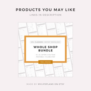 May include: A digital product listing for a bundle of 215 printable planners in various sizes, including A4, A5, Letter, and Half Letter. The planners are available for instant download and are printable and fillable. The text "Whole Shop Bundle" is displayed in a yellow box.