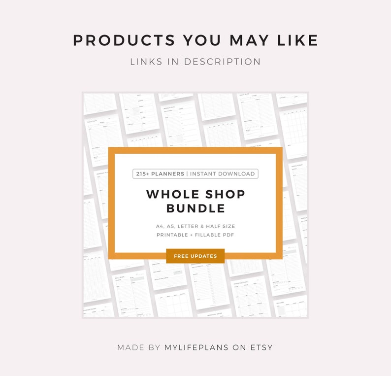 May include: A digital product listing for a bundle of 215 printable planners in various sizes, including A4, A5, Letter, and Half Letter. The planners are available for instant download and are printable and fillable. The text "Whole Shop Bundle" is displayed in a yellow box.