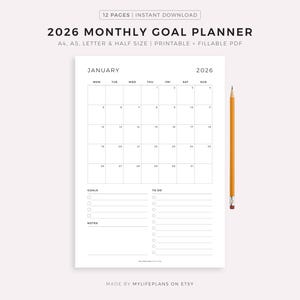 Peut inclure: Un planificateur mensuel d'objectifs 2026 blanc avec un calendrier pour janvier, une liste de tâches et un espace pour les notes. Un crayon jaune repose sur le côté droit. Le texte comprend "12 pages | Téléchargement instantané".