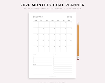 2026 Monthly Goal Planner, Monthly To Do List, Monthly Organizer, Monthly Agenda, Month at a Glance, Printable & Fillable, A4/A5/Letter/Half