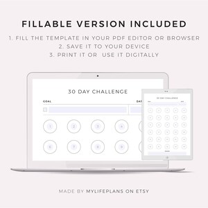 May include: A digital printable 30-day challenge tracker with a goal section and a grid of 30 circles for marking off days. The text "30 Day Challenge" is at the top of the page. The tracker is designed to be used in a PDF editor or browser.