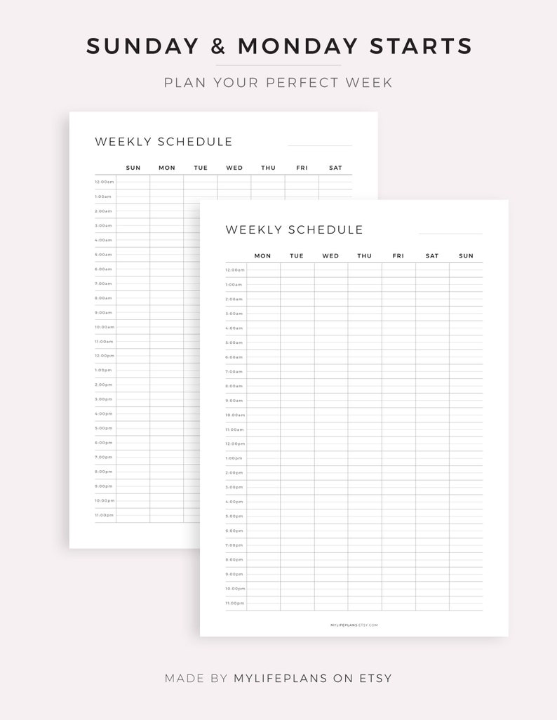 May include: A printable weekly schedule planner with two pages. The first page has a schedule for Sunday through Saturday, and the second page has a schedule for Monday through Sunday. The planner is designed to help you plan your perfect week.