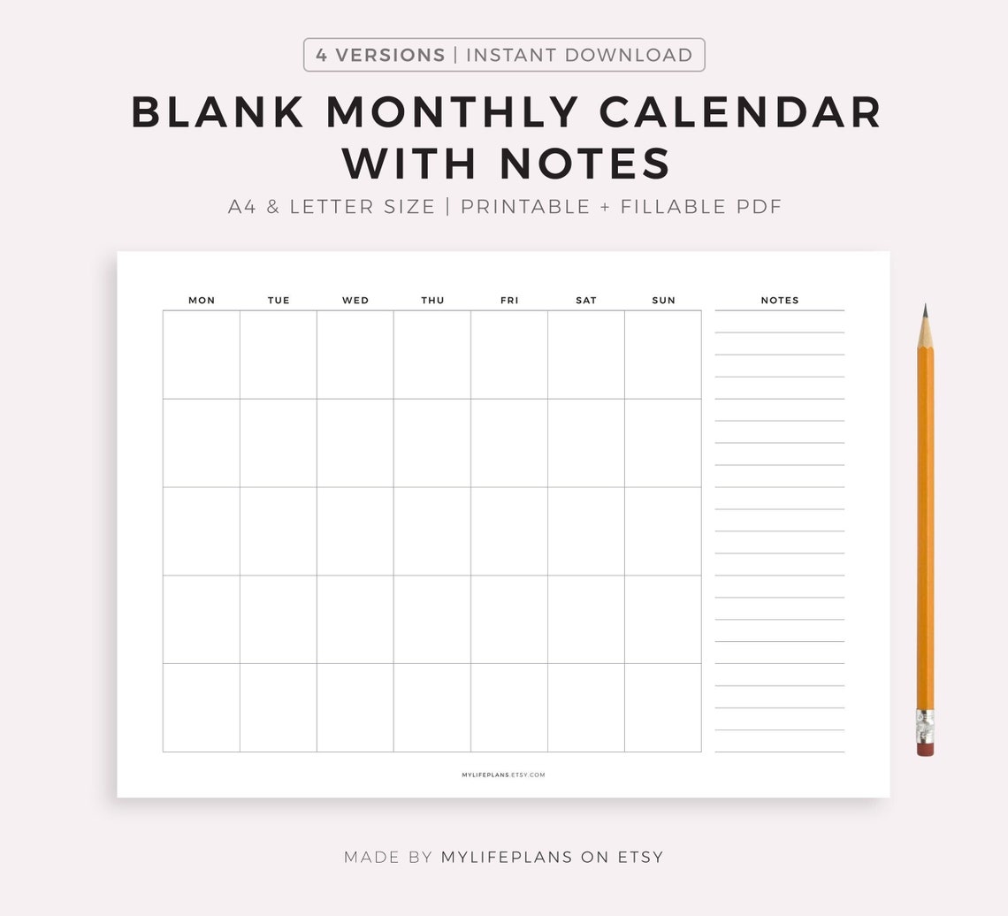Blank Monthly Calendar With Notes Landscape Printable - Etsy UK