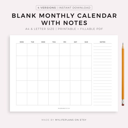 Blank Monthly Calendar Printable Landscape Minimalist - Etsy
