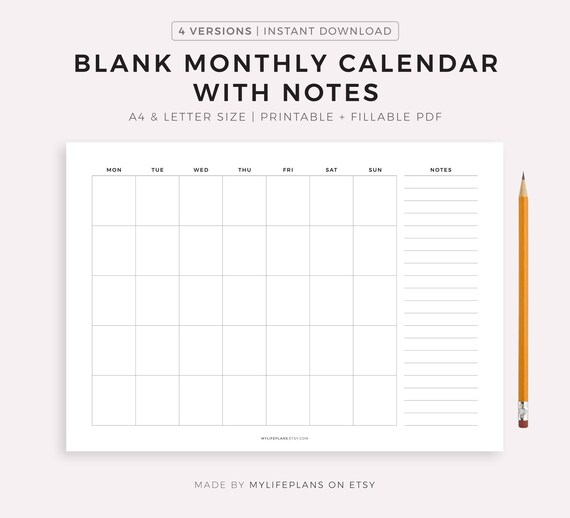 Blank Monthly Calendar With Notes Landscape Printable - Etsy