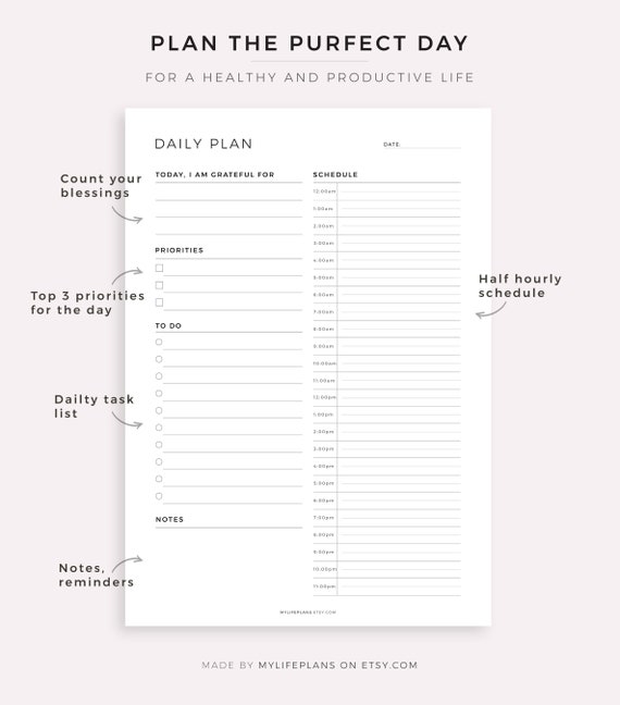 Daily Planner Printable, Half Hour Daily Planner, Day Planner, Productivity  Planner, Daily Schedule, Daily to Do List, Printable Planner 