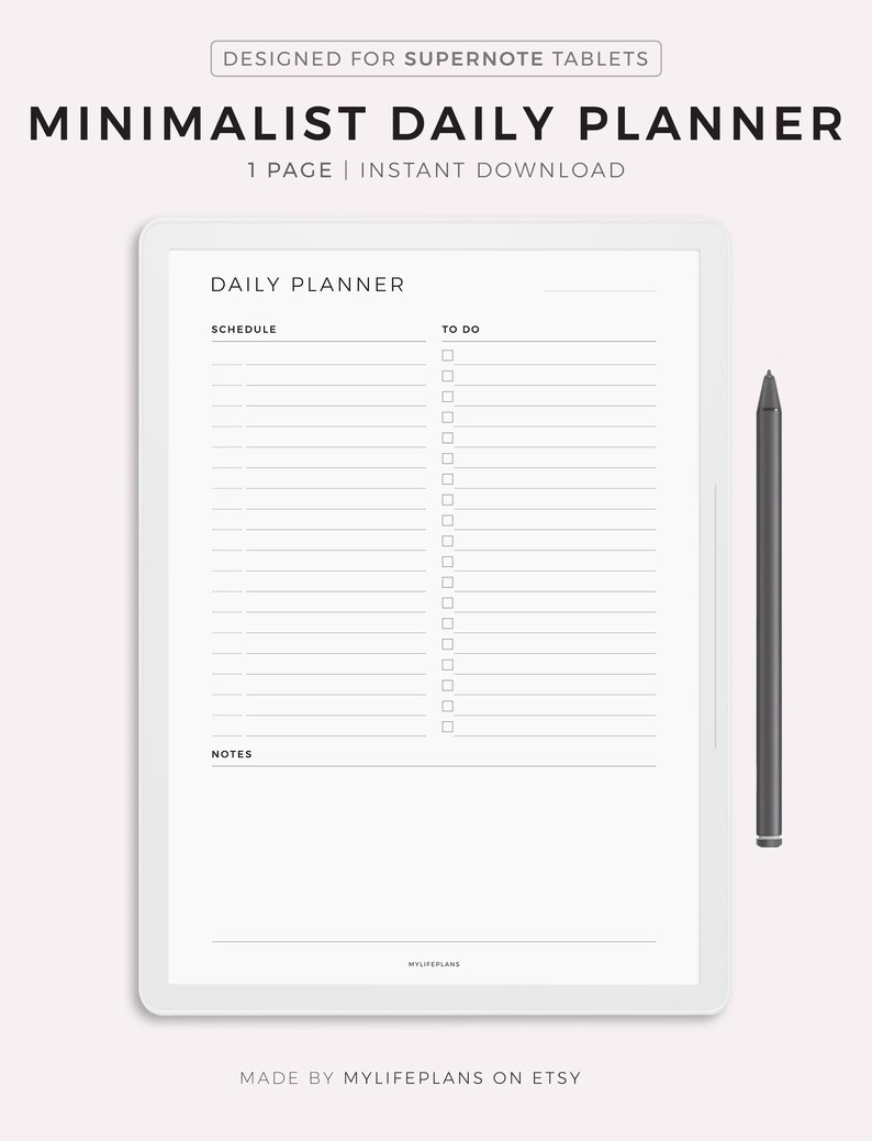 May include: A minimalist daily planner designed for Supernote tablets. The planner features sections for schedule, to-do list, and notes. The planner is printed on white paper with black text and lines.