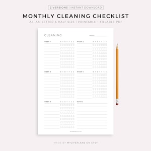 Monthly Cleaning Checklist, Printable Cleaning Template, Cleaning Planner, Cleaning To Do List, A4/A5/Letter/Half Size, Instant Download PDF image 1